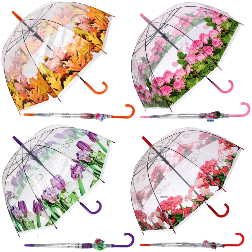 Зонт-трость женский купол «Цветы», 8 спиц, цвет микс, d-80см, длина в слож. виде 82см