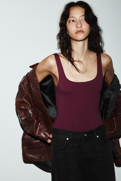 ZARA БОДИ ИЗ ПОЛИАМИДА С БРЕТЕЛЯМИ, ВИННЫЙ