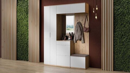 Прихожая с зеркалом комплект мебели Дуб Крафт золотой/Белый матовый 165х43х226 см