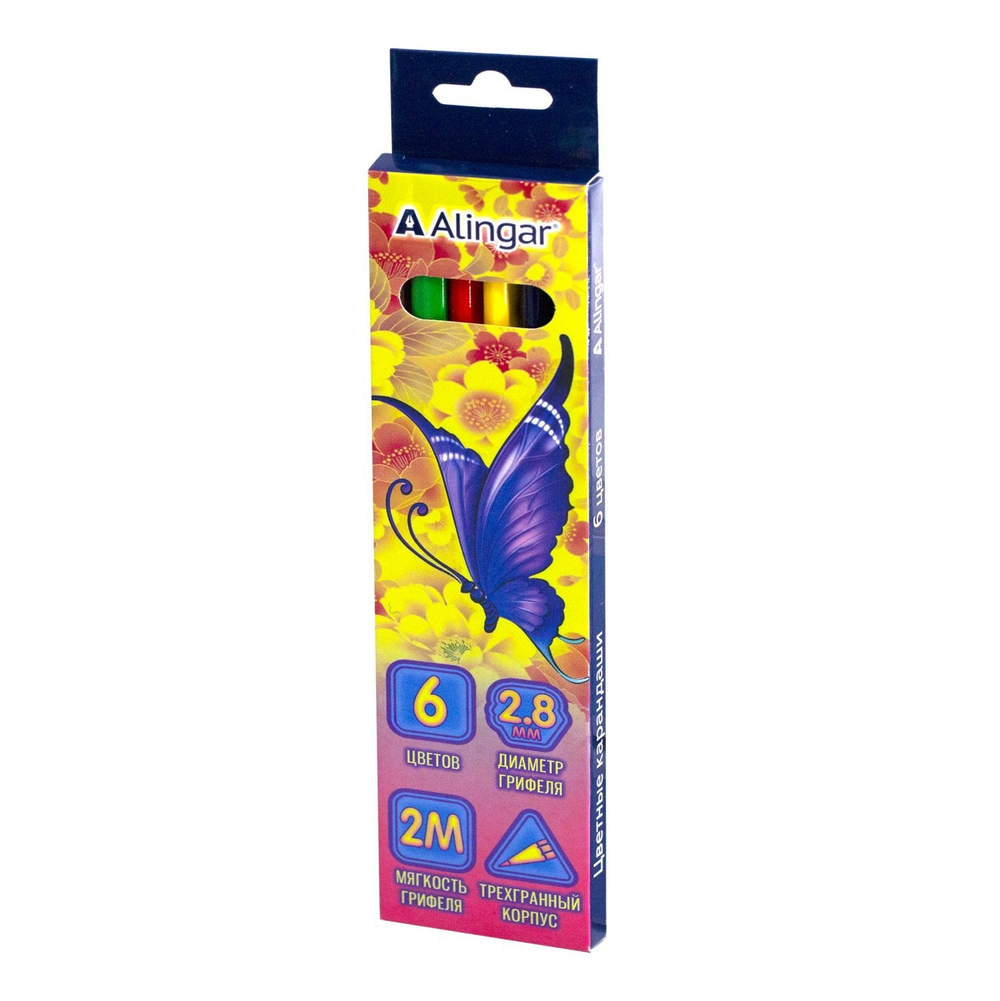 Карандаши цветные Alingar 6 цв., "Бабочки" деревянные, трехгранные, заточенные, грифель 2.8 мм, картон. уп., европодвес