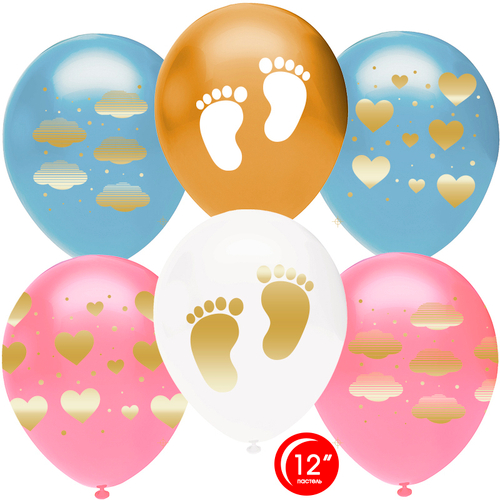 Шар (12''/30 см) Новорожденный (сердца и облака), Ассорти, металлик