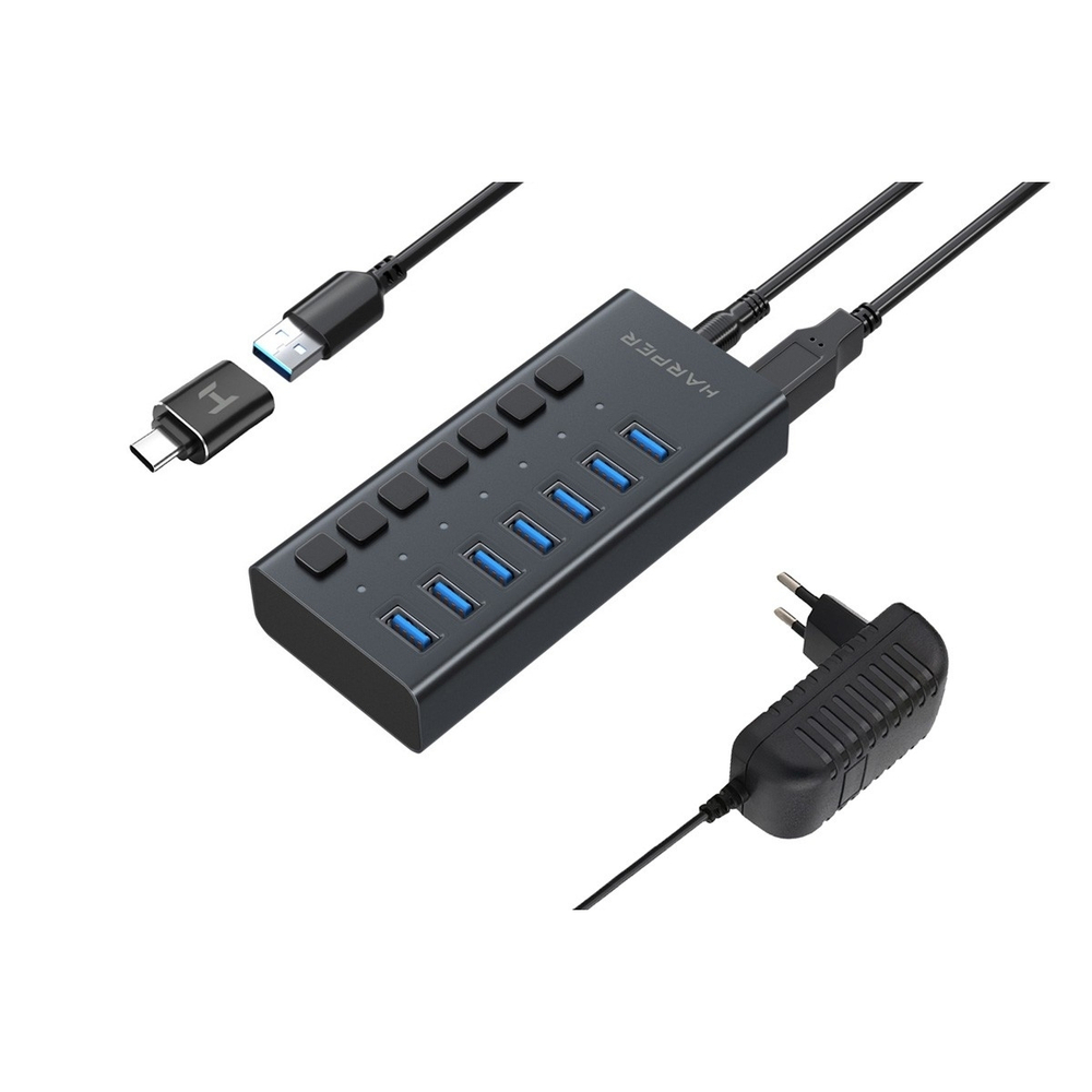 HARPER HUB-07MB Black USB-концентратор, Интерфейс: 7 х USB 3.2, 1, Переходник: USB 3.0 / Type-C, Скорость передачи данных: до 5 Гб/с, Материал корпуса: Алюминий, Индикатор работы устройства: LED, Пере