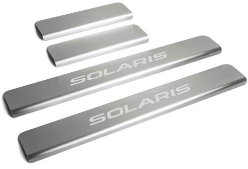 Накладки на пороги Rival для Hyundai Solaris I 2010-2017, нерж. сталь, с надписью, 4 шт., NP.2301.3