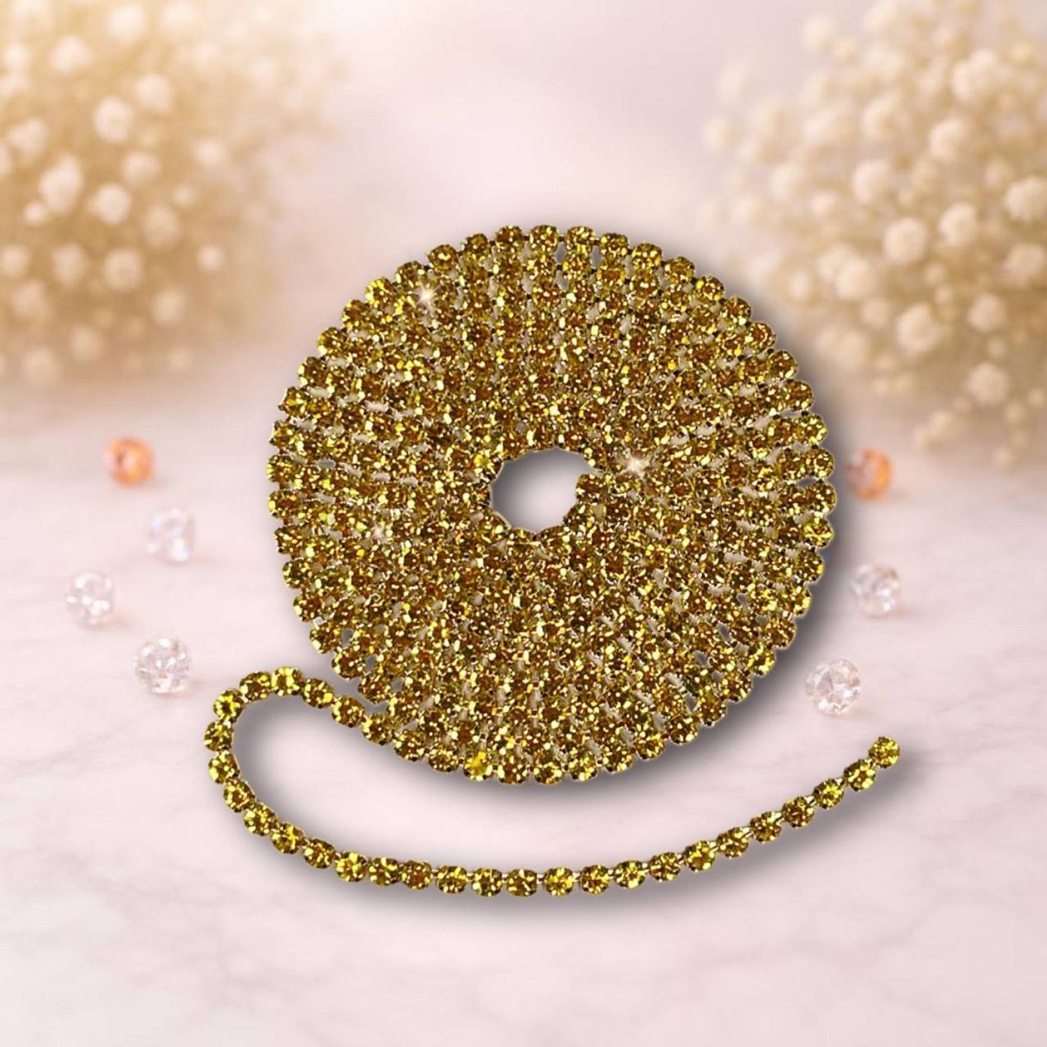 стразовая лента, цвет желтый- метал серебро, 1метр