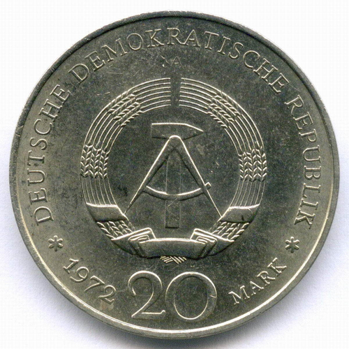 20 марок 1972 (A). Фридрих фон Шиллер. Германия-ГДР. Диаметр 33 мм, медно-никель XF-AU