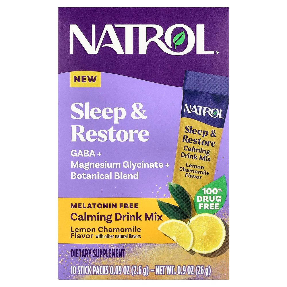 Natrol, Sleep & Restore, успокаивающая смесь для напитков, без мелатонина, лимон и ромашка, 10 пакетиков по 2,6 г (0,09 унции)
