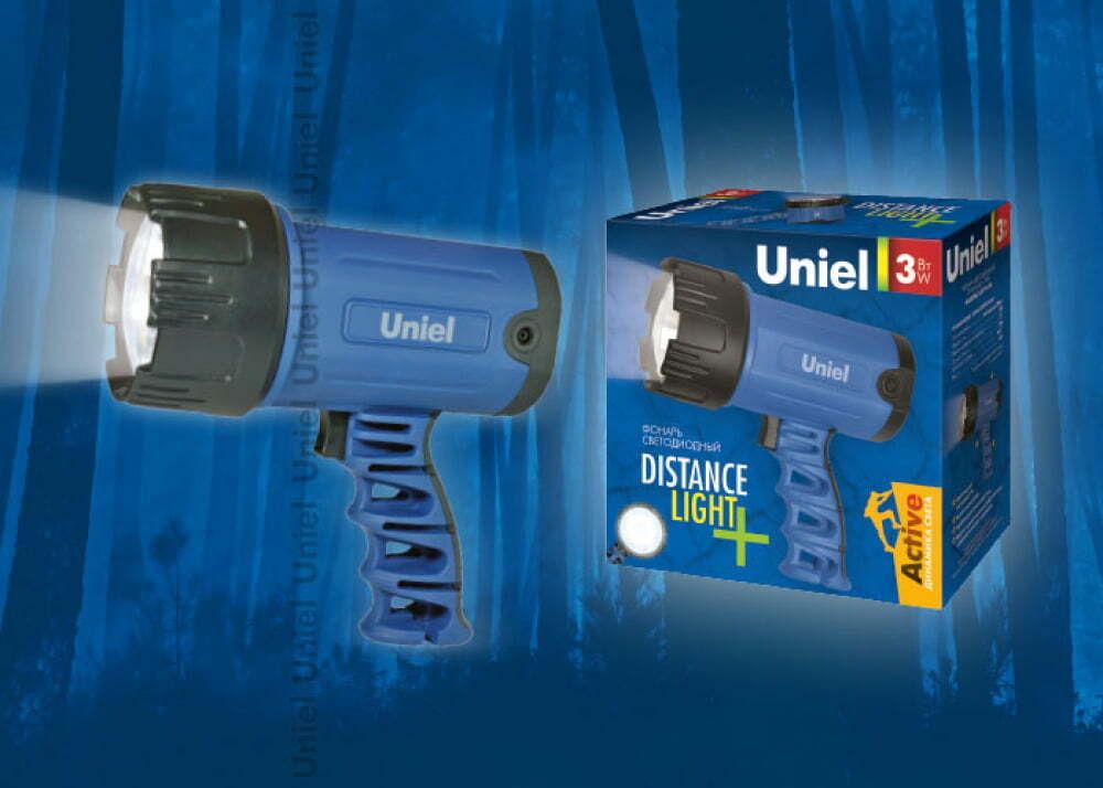 S-SL016-BB Blue Фонарь Uniel серии Стандарт Distance light - Plus, прорезиненный корпус, 3W LED, упаковка - цветной короб, 4ХС н/к, цвет - синий