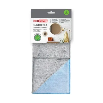 САЛФЕТКА ДЛЯ ЗЕРКАЛ И СТЕКОЛ 2ШТ, 30Х30СМ серый голубой (комплект 60 шт)