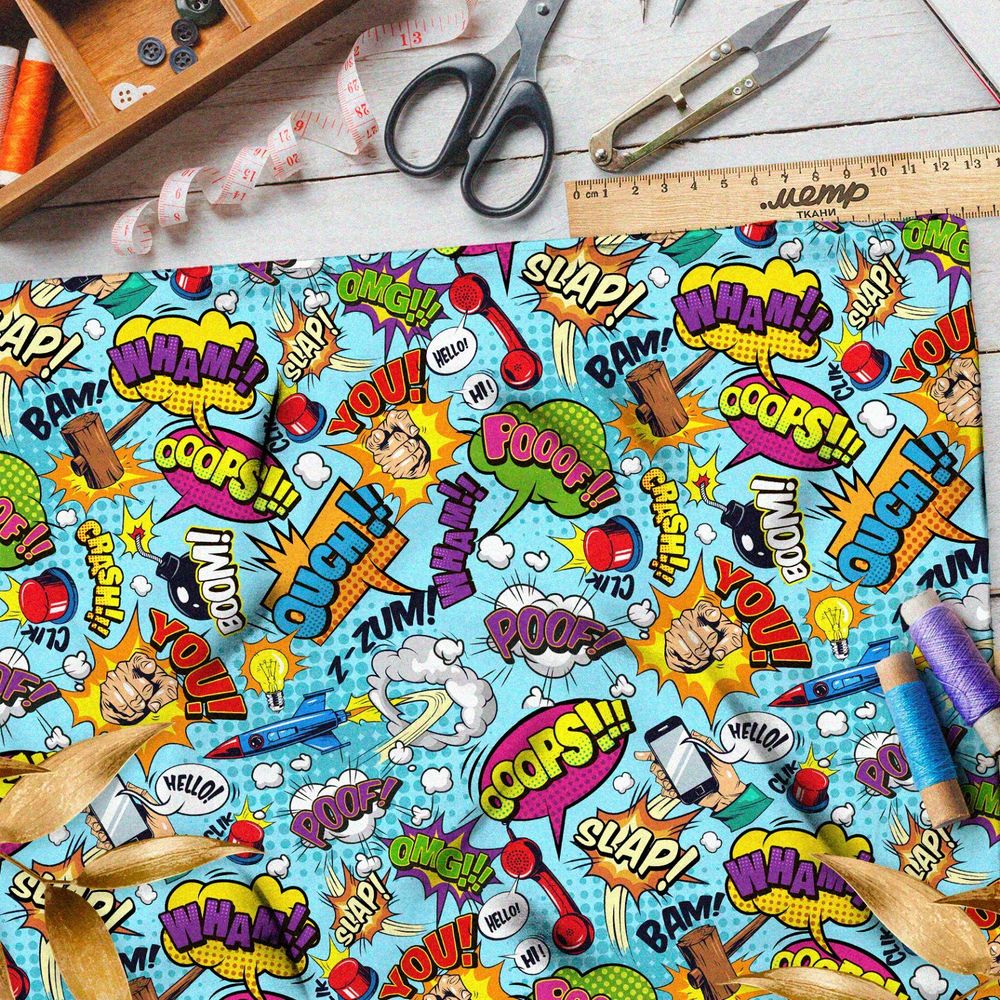 Ткань бифлекс небольшие звуки из комиксов на голубом фоне