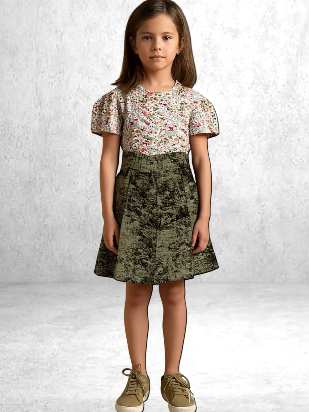 105691 Юбка детская 8-клинка футер 2-х нитка хаки мрамор (64-122/128)