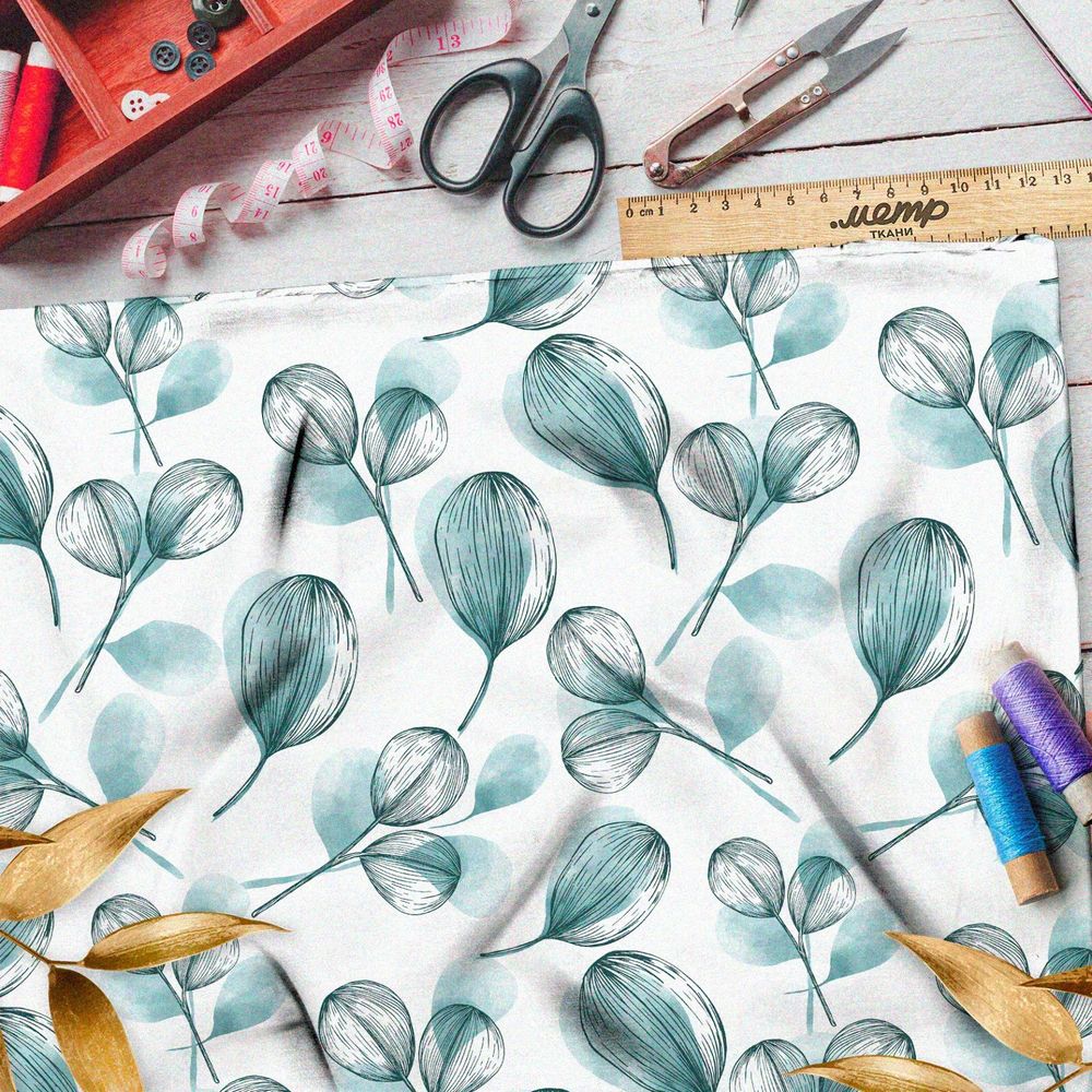 Ткань бифлекс эскиз акварельных листьев на белом фоне