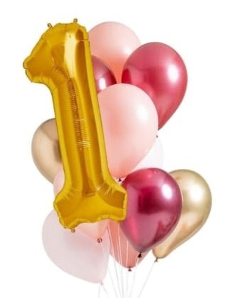 Букет гелиевых шаров с цифрой золото цвета для девочки