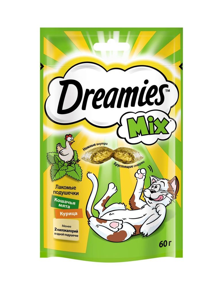 Лакомство Dreamies Mix для кошек лакомые подушечки с курицей и мятой 60 г