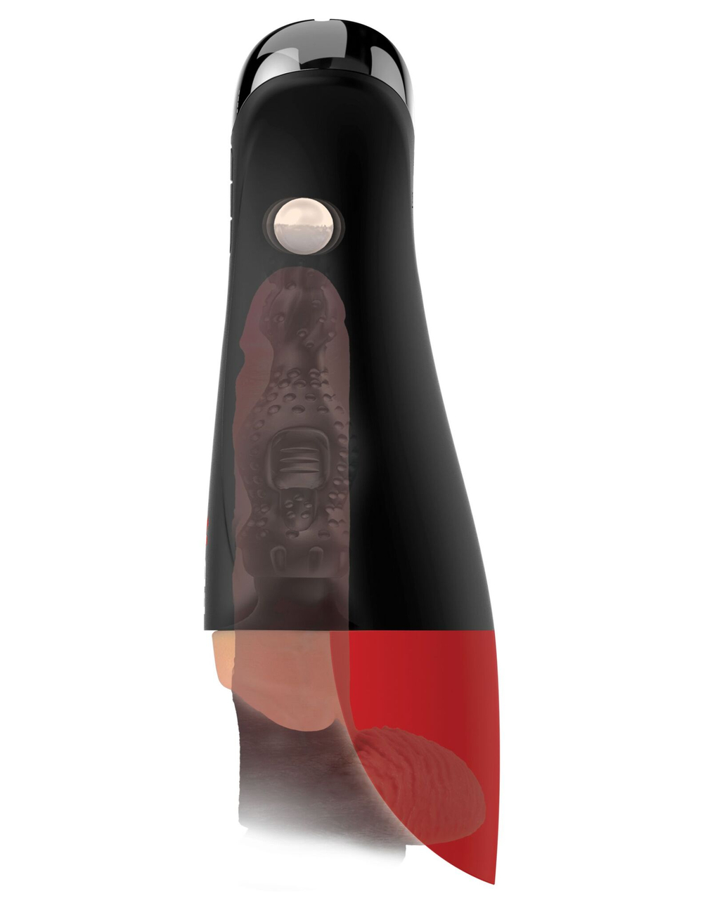 Телесный мастурбатор-вагина в черной колбе с вибрацией Fuck-O-Matic Pro XL