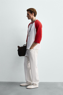 ZARA ФУТБОЛКА КОЛОР-БЛОК С РУКАВАМИ РЕГЛАН, БЕЛЫЙ\КРАСНЫЙ