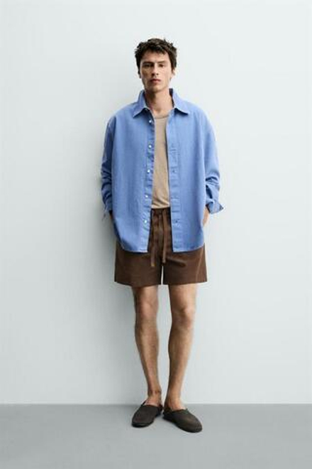 ZARA ШОРТЫ RELAXED FIT ИЗ ХЛОПКА И ЛЬНА, КОРИЧНЕВЫЙ