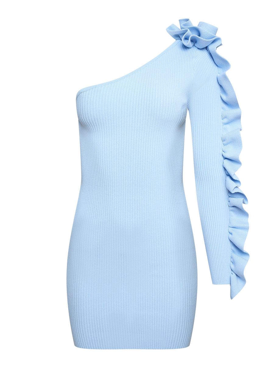 Платье лапша из вискозы с рюшей мини голубое