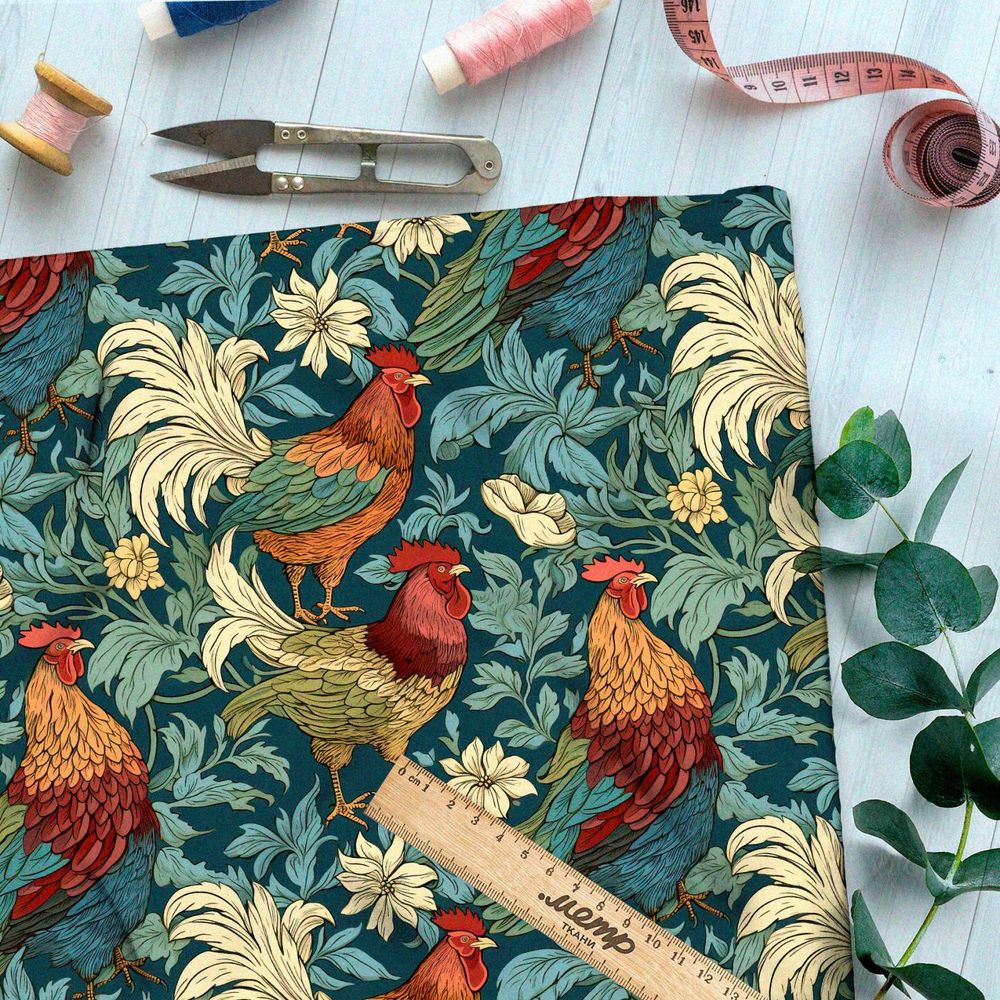 Ткань премиум интерлок сказочные петухи