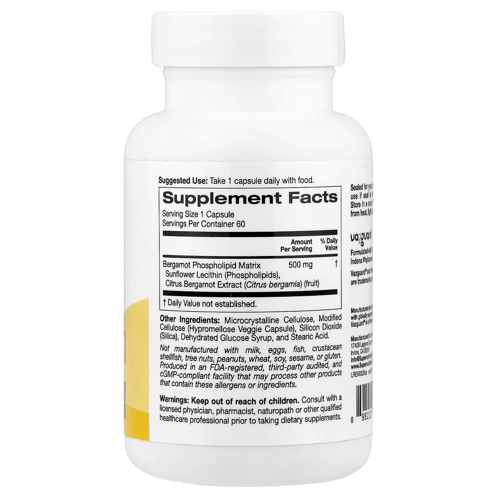 Super Nutrition, Bergamot Phytosome, фитосома бергамота с экстрактом бергамота, 500 мг, 60 растительных капсул