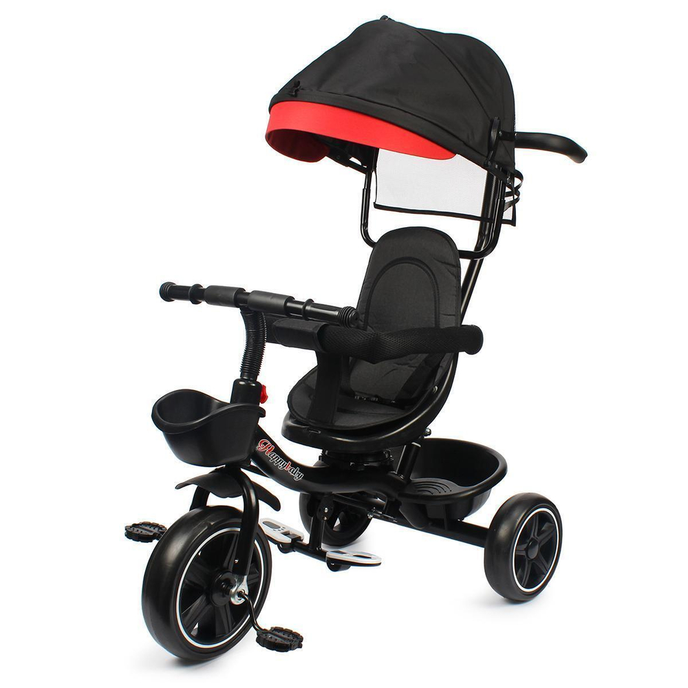 Велосипед 3-х колесный с ручкой и крышей, черный (2022)
