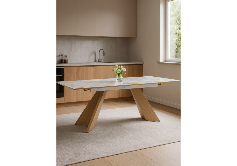 Керамический стол Woodville Ливи 140(200)х80х78 carla larkin, дуб монтана, ножки натуральные