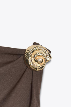 ZARA ПЛАТЬЕ ИЗ ПОЛИАМИДА С РАКУШКОЙ, ТЕМНО-КОРИЧНЕВЫЙ