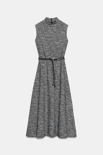 ZARA ФАКТУРНОЕ ПЛАТЬЕ С ПОЯСОМ, ЧЕРНЫЙ/БЕЛЫЙ