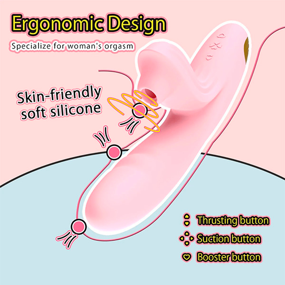 Розовый вибратор-кролик 21,1см с возвратно-поступательными движениями и вакуумом BeYourLover Anita Pink TX223A