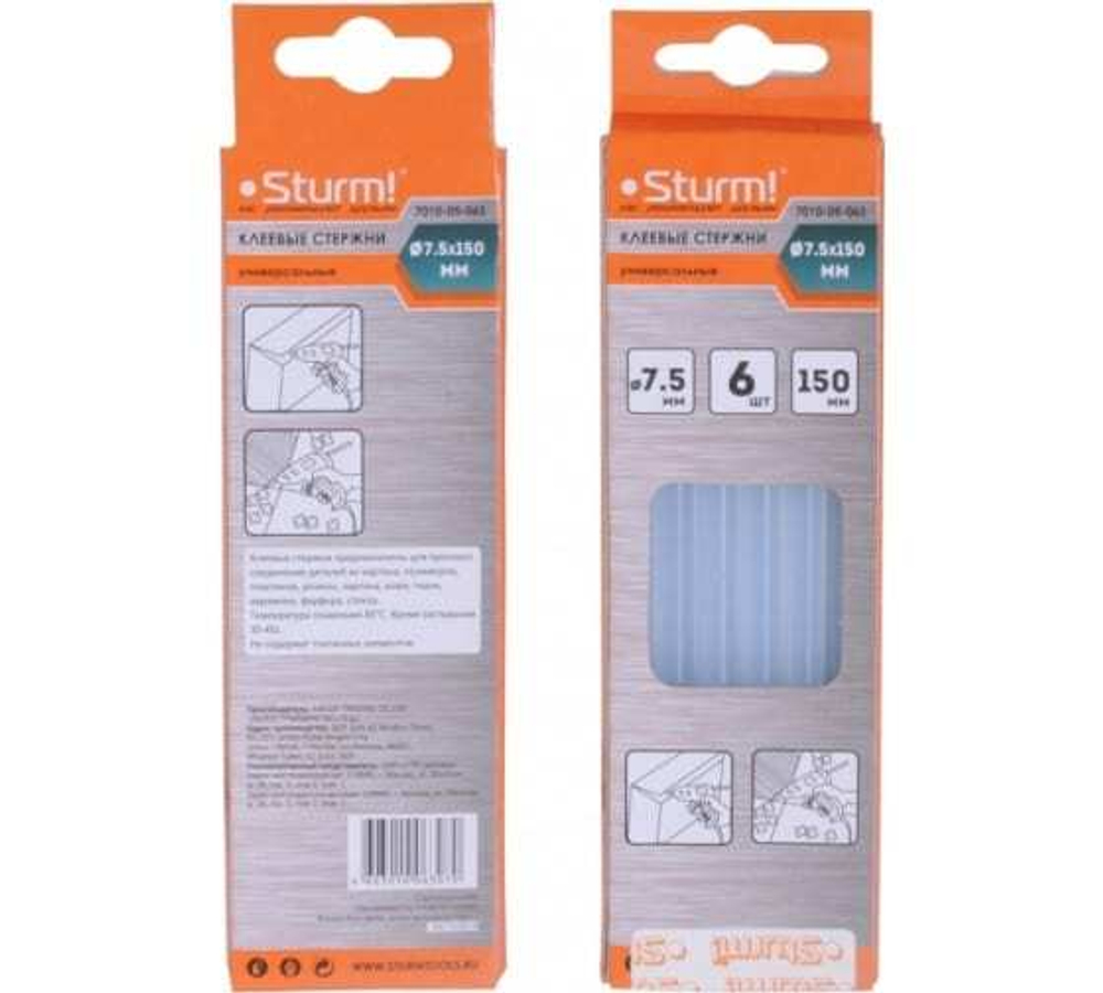 КЛЕЕВЫЕ СТЕРЖНИ STURM! Д/ПИСТОЛЕТА 7.5Х150ММ ПРОЗРАЧНЫЕ 6ШТ 7010-05-06S