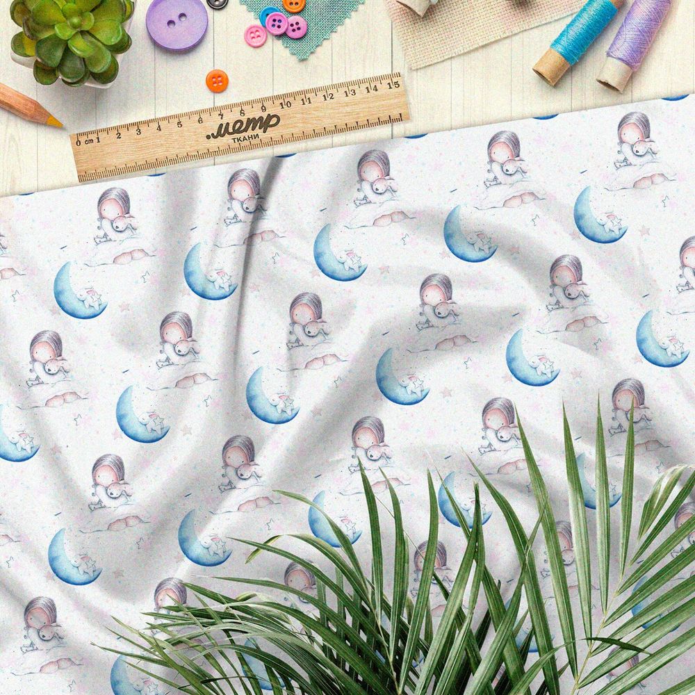 Ткань дюспо девочка с кроликом и синие месяцы