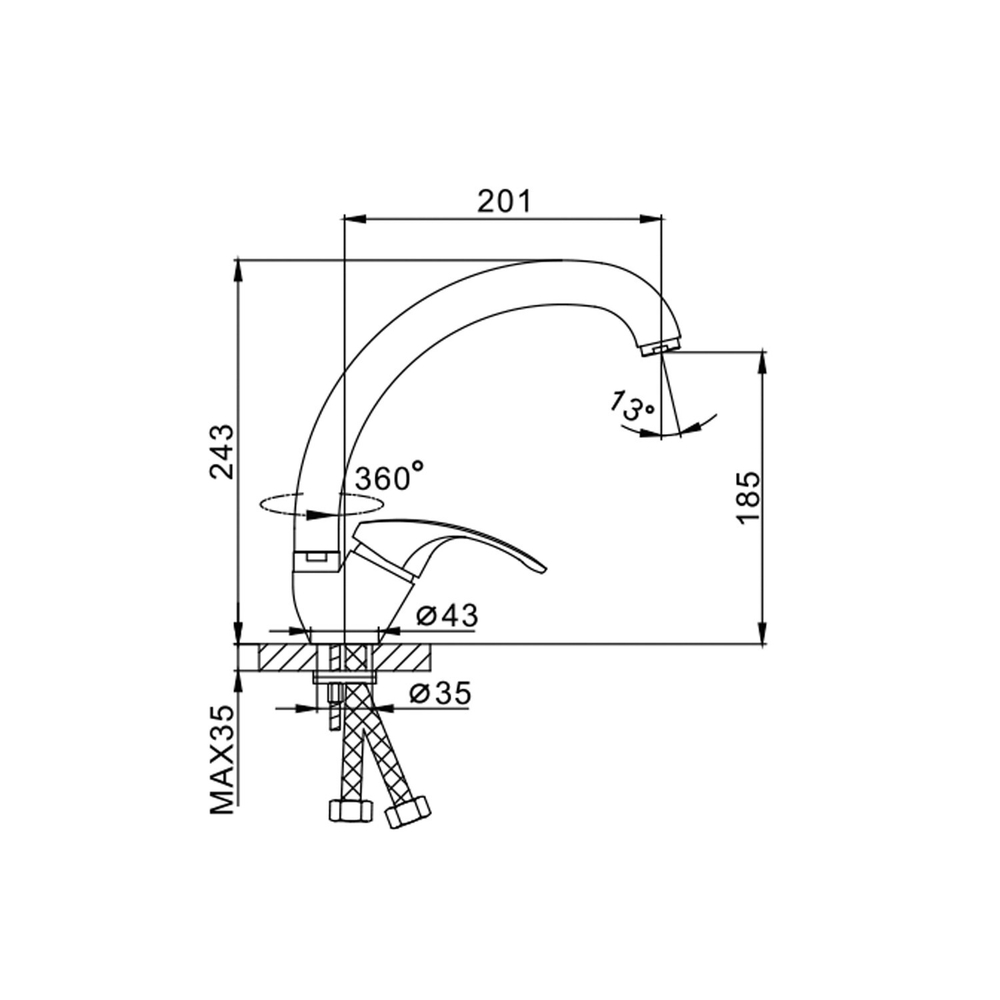 Смеситель для кухни 35к F4136-B FRAP бок.ручка ( выс.пов. излив, п/шпильку, хром, силумин)