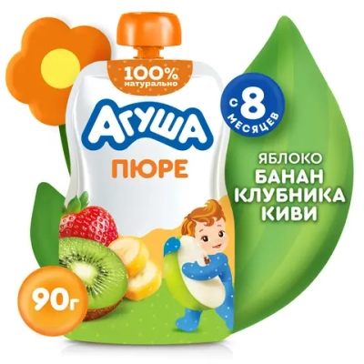Пюре Агуша яблоко-банан-клубника-киви 90г с 8 месяцев