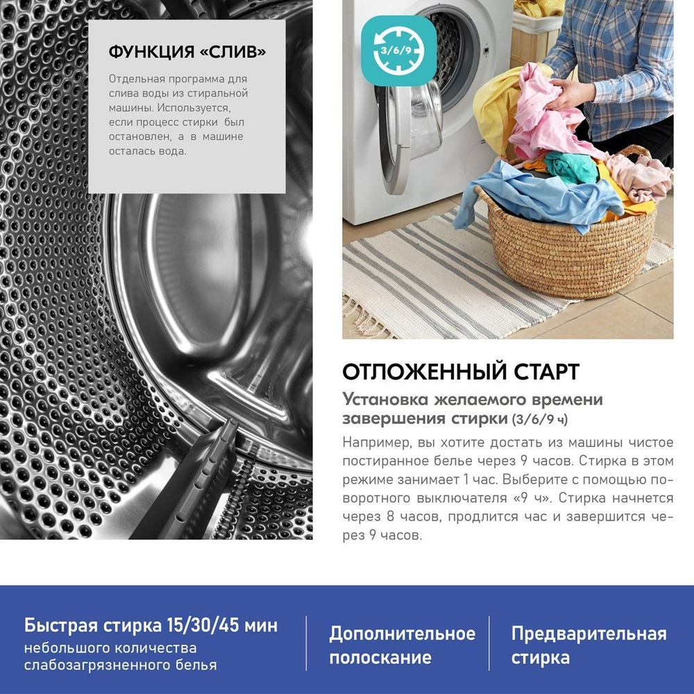 Стиральная машина Centek CT-1901 (белая), очистка барабана, загрузка белья 6 кг, функция пар, увеличенный объем камеры