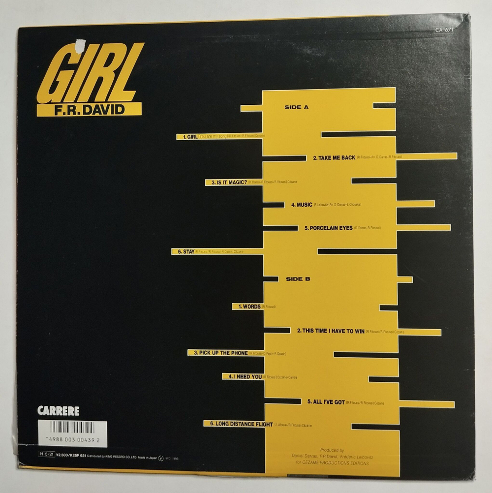 Винтажная виниловая пластинка LP F.R. David Girl (Japan 1986) (No Obi)