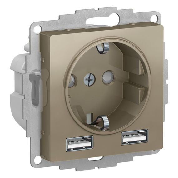 Розетка Systeme Electric ATLASDESIGN с заземлением со шторкой + 2 USB 2400мА шампань 38389