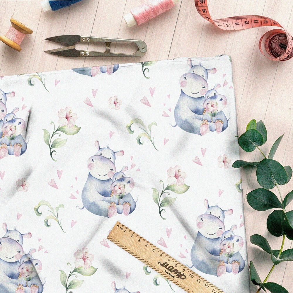 Ткань таффета акварельные бегемотики