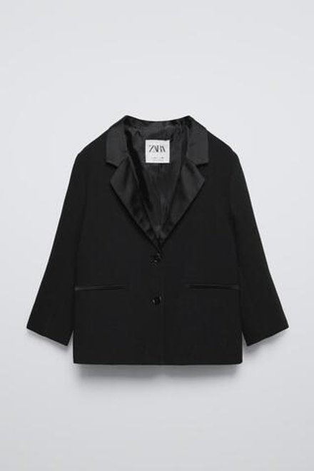 ZARA БЛЕЙЗЕР OVERSIZE С АТЛАСНЫМ ВОРОТНИКОМ, ЧЕРНЫЙ