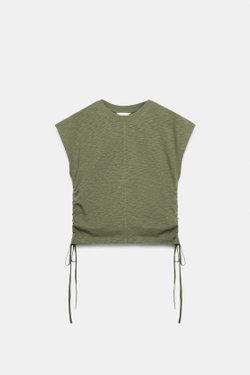 ZARA ФУТБОЛКА В РУСТИКАЛЬНОМ СТИЛЕ СО СБОРКАМИ, ХАКИ