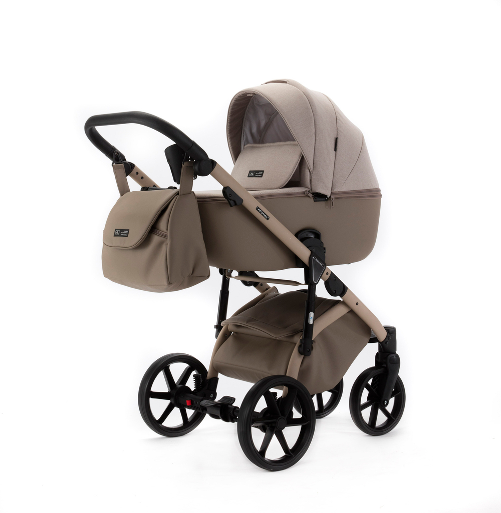 Детская универсальная коляска Adamex NOLA Natura CAPPUCCINO-4 (2в1) - Т.Бежевая ткань, Т. бежевая экокожи