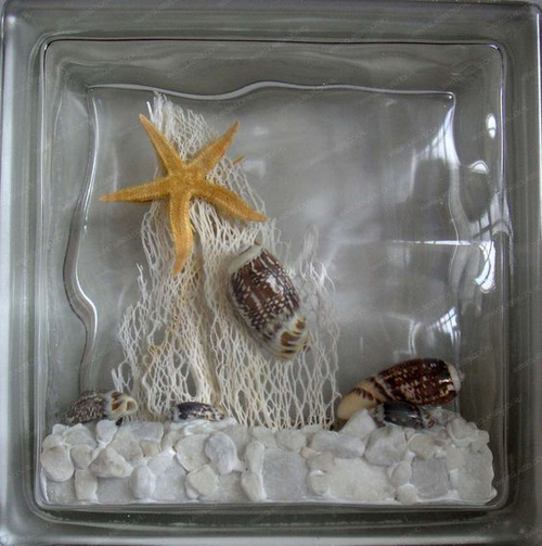 Стеклоблок декоративный Морские звезды и ракушки МТ-020-В  19x19x8 см.