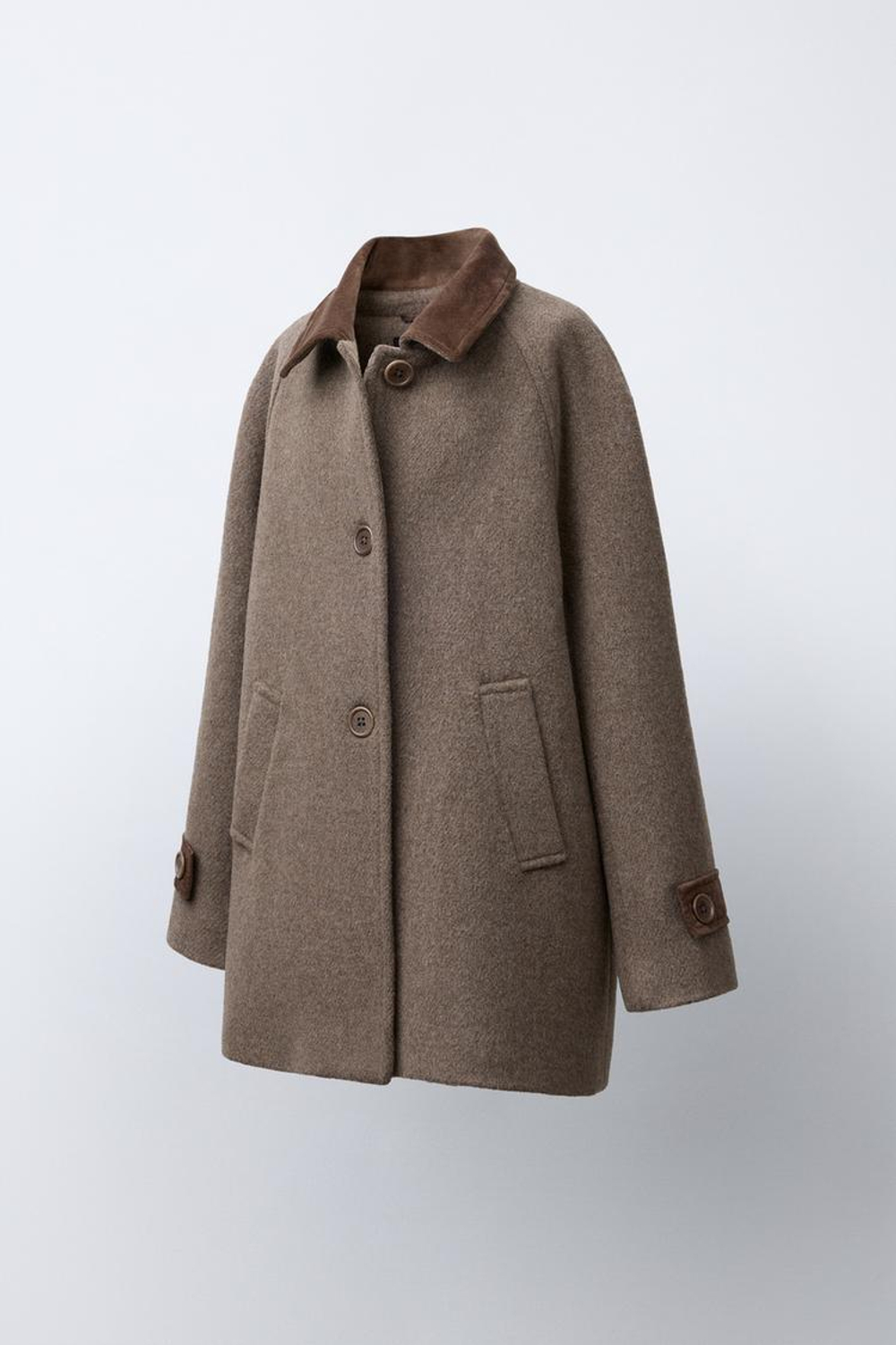 ZARA ПАЛЬТО ИЗ КОНТРАСТНОГО ВЕЛЬВЕТА С ШЕРСТЬЮ, СЕРОВАТО-КОРИЧНЕВЫЙ