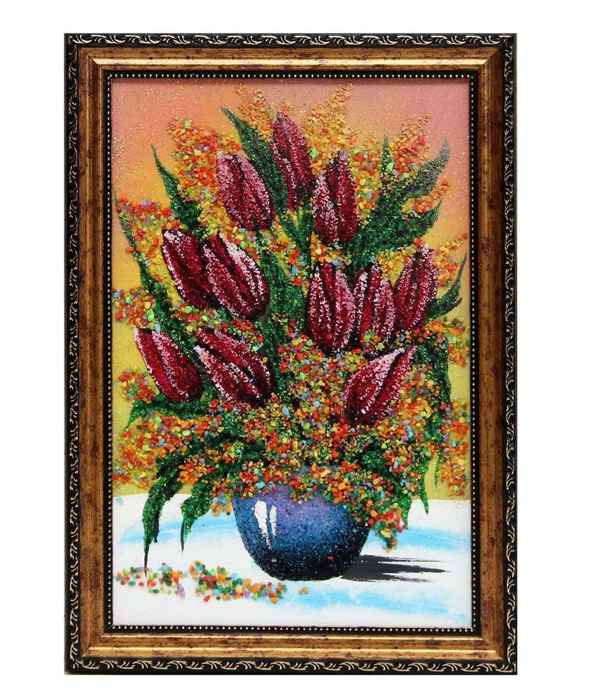 Картина №3 &quot; Тюльпаны в горшке&quot; рисованная каменной крошкой в пластиковом багете 24-34-1.7см