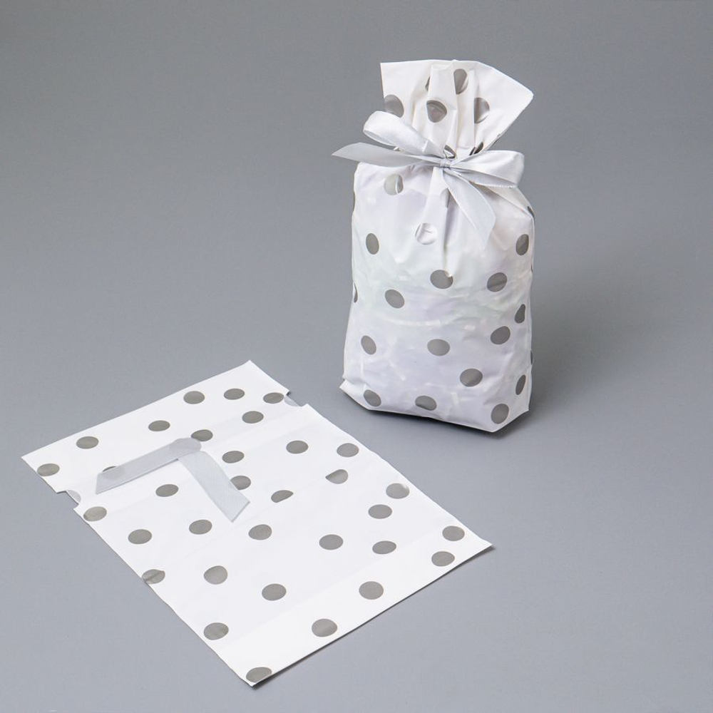 Мешок подар. ПВХ лентой 12*18см "Горох" серебро 50шт/уп