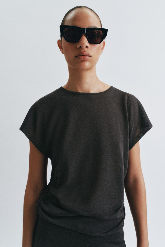 ZARA ТРИКОТАЖНЫЙ ТОП СО СБОРКАМИ, МОРСКОЙ ТЕМНО-СИНИЙ