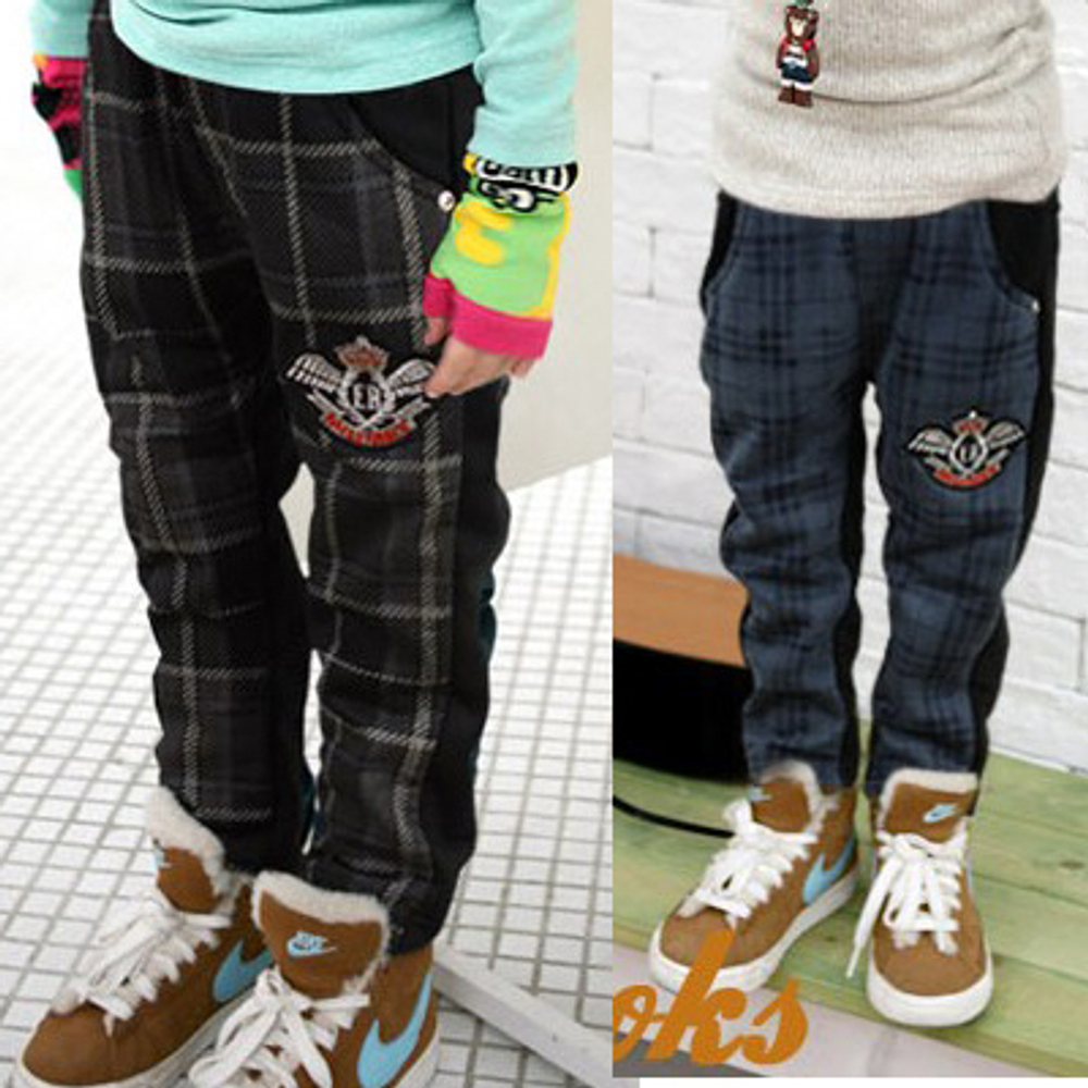 Штаны детские с гербом, вставками и карманами в клетку