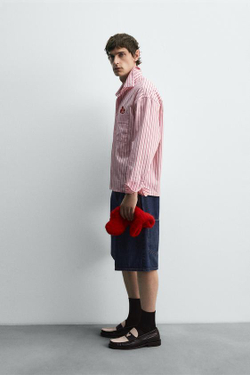 ZARA HARRY LAMBERT X DISNEY РУБАШКА В ПОЛОСКУ С НАШИВКОЙ MICKEY MOUSE, РОЗОВЫЙ