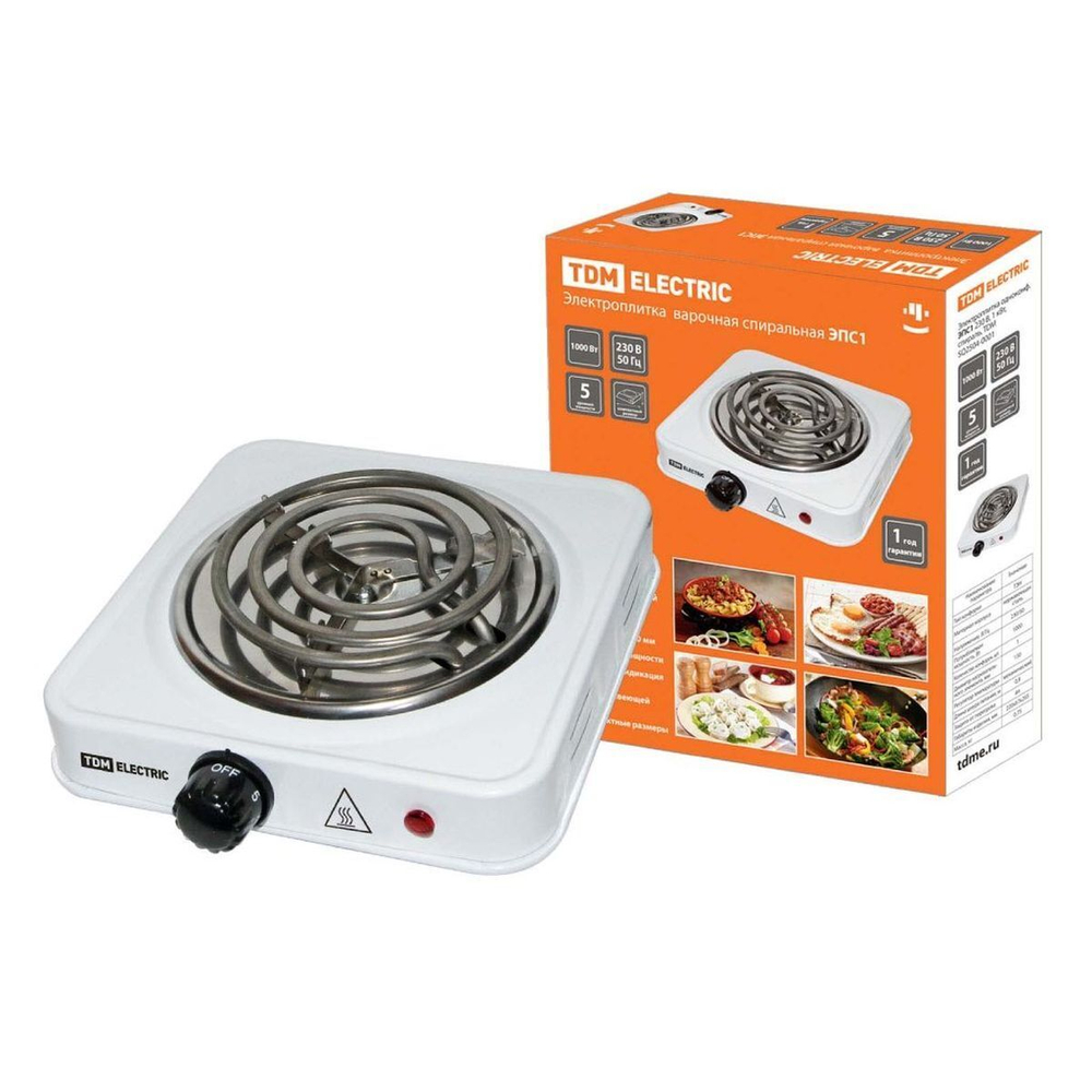 Плита электрическая TDM, ЭПС1-ОТ, 1000 Вт, 1 конф, спираль, эмаль, механ, пер повор, бел