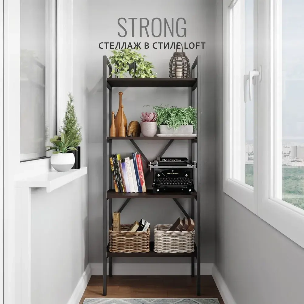 Стеллаж STRONG loft,НЕРАЗБОРНЫЙ,металлический напольный с 4 деревянными полками, 147х60х35 см, ГРОСТАТ