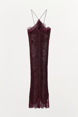 ZARA КРУЖЕВНОЕ ПЛАТЬЕ ХАЛТЕР С БАХРОМОЙ, БОРДОВЫЙ