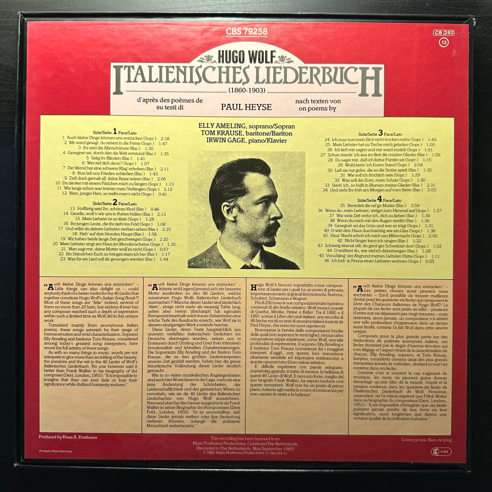 Hugo Wolf, Elly Ameling, Tom Krause, Irwin Gage - Italienisches Liederbuch 2LP (Германия 1982г.)